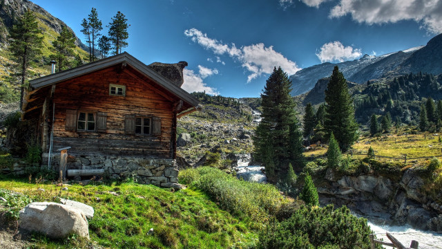 Mountain cabin stream forest sky free wallpaper for desktop - medium preview image