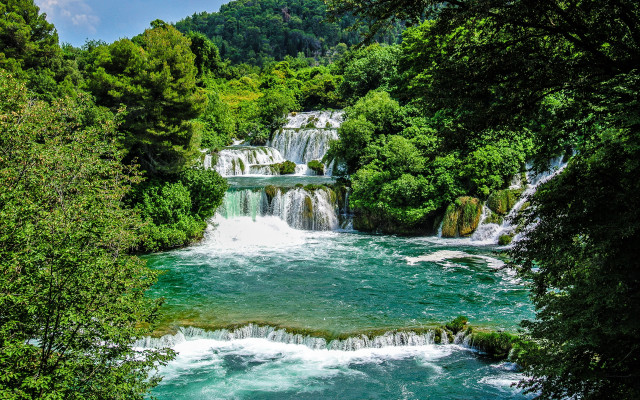 River waterfall trees bushes blue free wallpaper for desktop - medium preview image