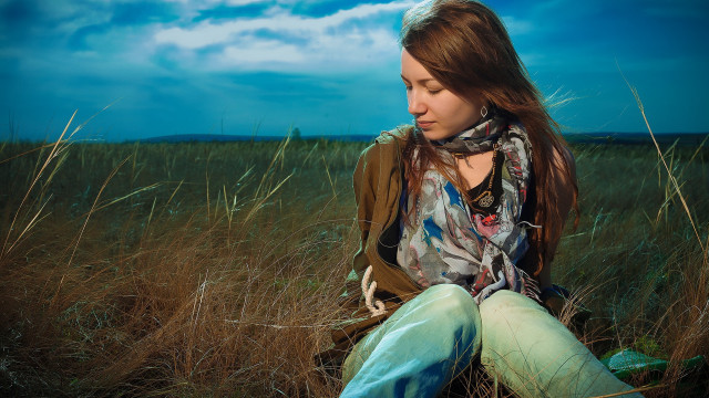 Woman field tallgrass cellphone blue free wallpaper for desktop - medium preview image