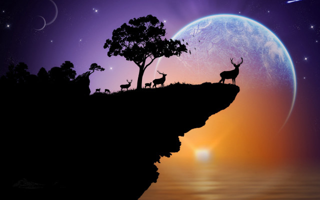 Deer silhouette night fullmoon magicrealism free wallpaper for desktop - medium preview image