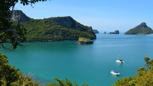 Boats lake forest hillside scenery free wallpaper for desktop - medium preview image