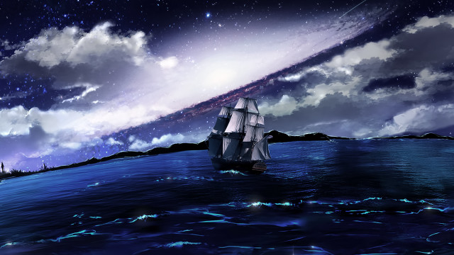 Fantasy ship ocean clouds stars free wallpaper for desktop - medium preview image