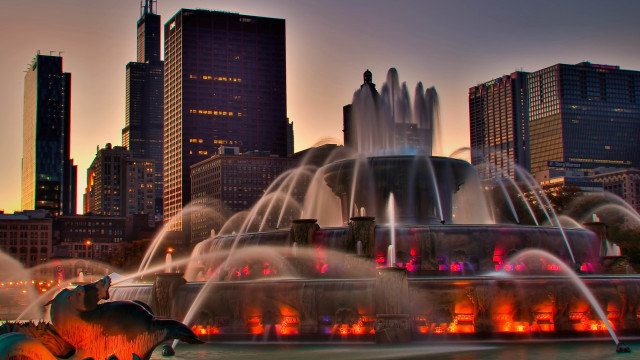 City skyline fountain dusk embers free wallpaper for desktop - medium preview image