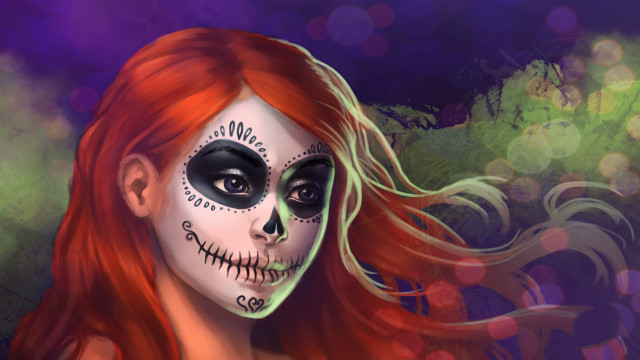 Skeleton facepaint woman smiling redhair free wallpaper for desktop - medium preview image