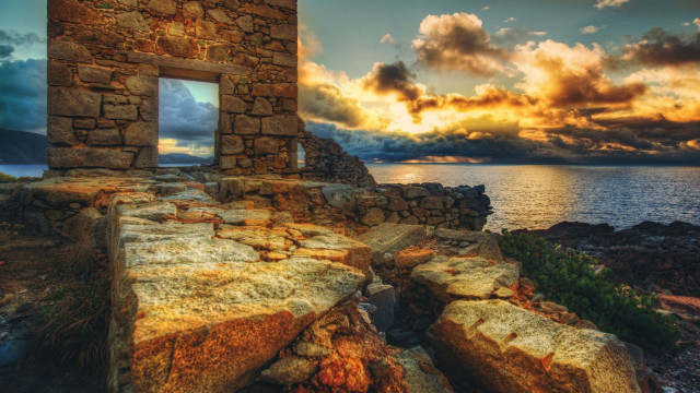 Window stone wall water sunset free wallpaper for desktop - medium preview image