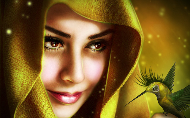Woman bird yellow scarf digital free wallpaper for desktop - medium preview image