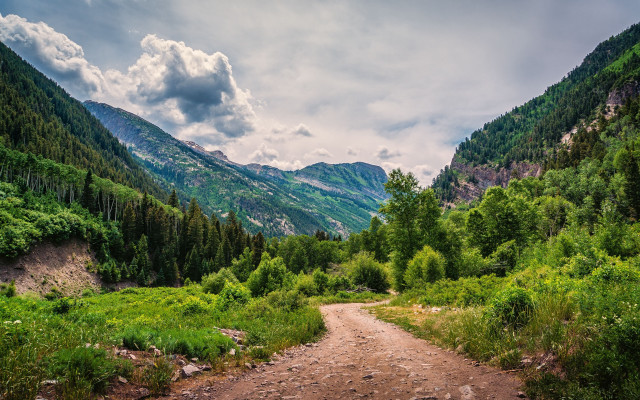 Dirt road forest mountains clouds free wallpaper for desktop - medium preview image