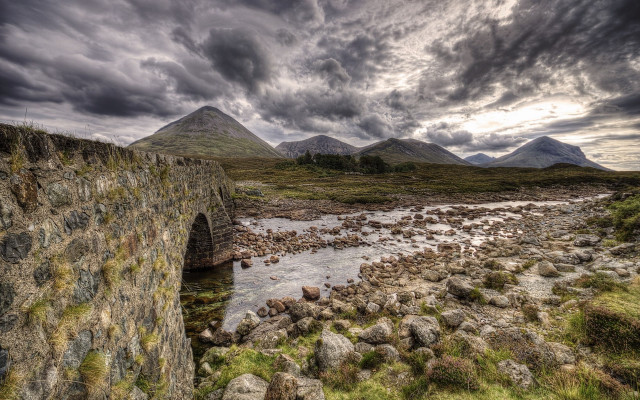 Stone bridge stream mountains cloudy free wallpaper for desktop - medium preview image