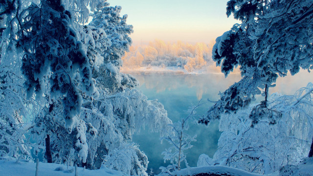 Snowy landscape trees water clouds free wallpaper for desktop - medium preview image