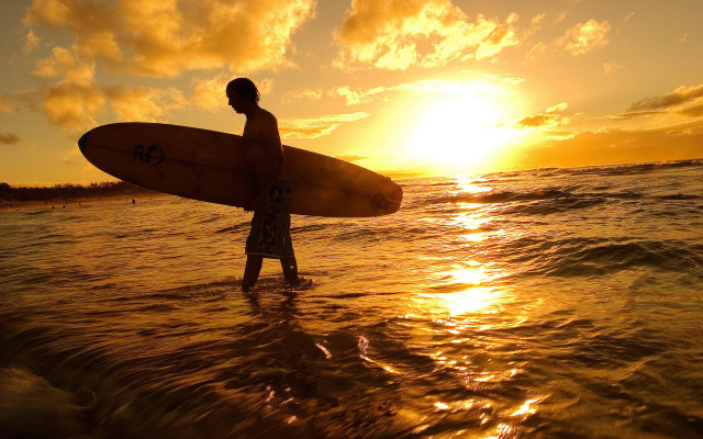 Surfing man sunset ocean beach free wallpaper for desktop - medium preview image