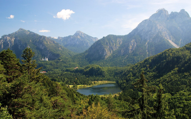 Lake mountains trees house panorama free wallpaper for desktop - medium preview image