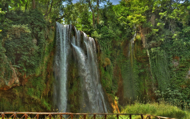 Large waterfall forest wooden bridge free wallpaper for desktop - medium preview image
