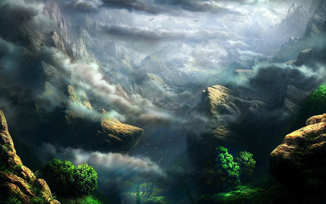 Mountain river clouds birds fantasy free wallpaper for desktop - medium preview image