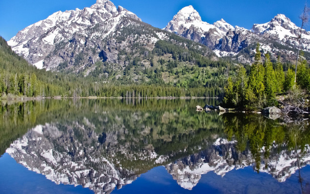 Mountain lake reflection forest rocks free wallpaper for desktop - medium preview image