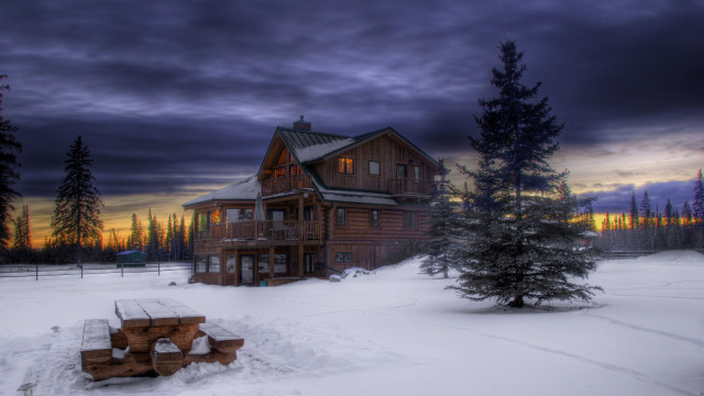 Snowy cabin sunset outdoor winter free wallpaper for desktop - medium preview image