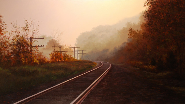 Train fog forest autumn gouache free wallpaper for desktop - medium preview image