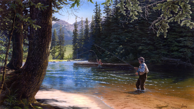Man river fishing oil painting free wallpaper for desktop - medium preview image