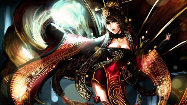 Ahri fantasy fox tails sword free wallpaper for desktop - medium preview image
