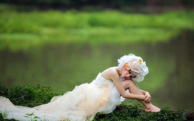 Wedding dress woman lake grass free wallpaper for desktop - medium preview image