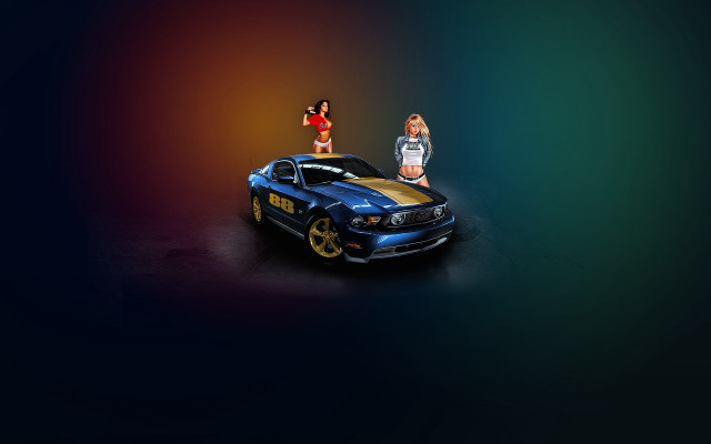 Two girls car yellow stripe free wallpaper for desktop - medium preview image