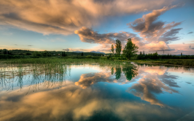 Lake clouds trees reflections sunset free wallpaper for desktop - medium preview image