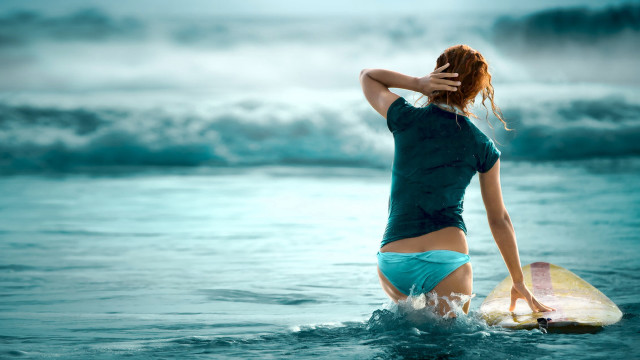 Woman blue shirt shorts surfboard free wallpaper for desktop - medium preview image