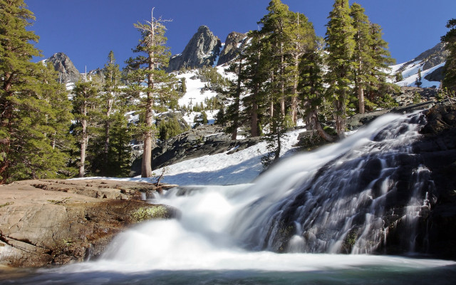 Waterfall snow trees mountain nature free wallpaper for desktop - medium preview image