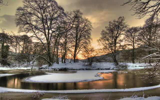 River snow covered trees sunset free wallpaper for desktop - medium preview image