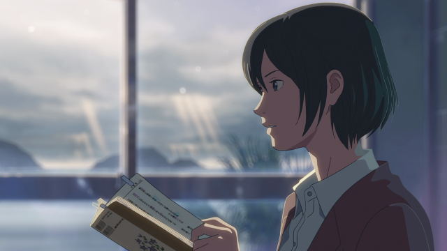 Woman holding book looking out free wallpaper for desktop - medium preview image