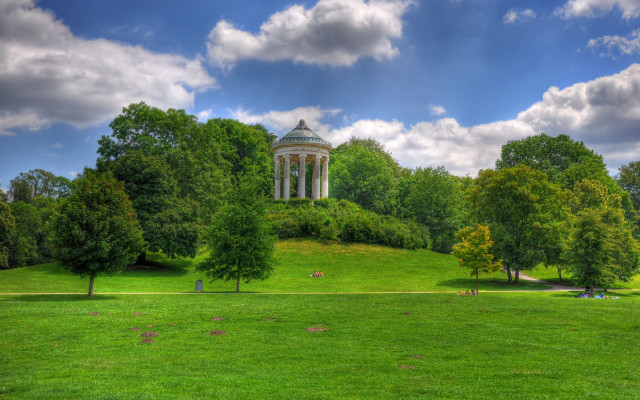 Grassy field white building trees free wallpaper for desktop - medium preview image