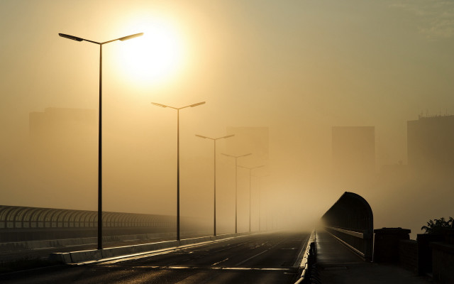 Foggy street city tall buildings free wallpaper for desktop - medium preview image