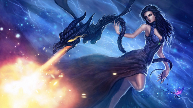 Woman dragon firework night sky free wallpaper for desktop - medium preview image