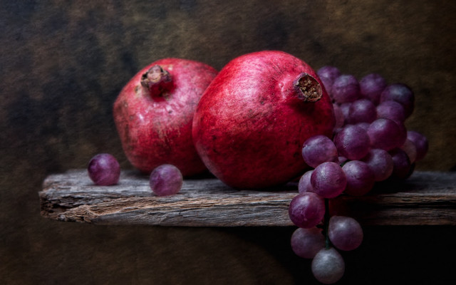 Pomegranates grapes wood brown photorealistic free wallpaper for desktop - medium preview image