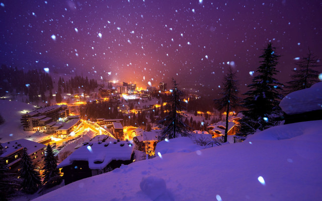 Snowy night town lights magic free wallpaper for desktop - medium preview image