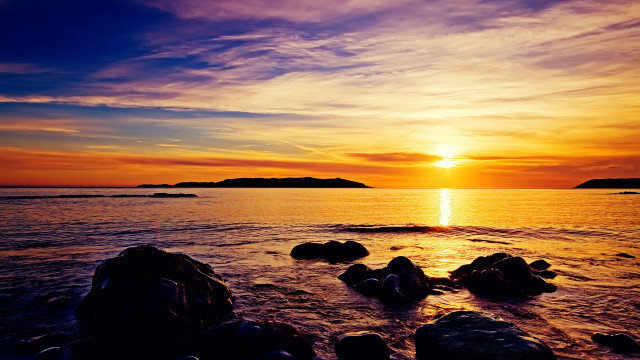 Sunset water rocks island matte free wallpaper for desktop - medium preview image