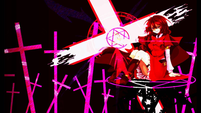 Woman chair cross pentagram background free wallpaper for desktop - medium preview image