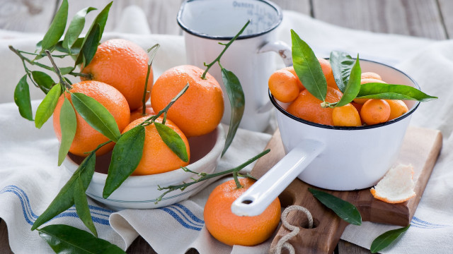 Bowl oranges tea tablecloth napkin free wallpaper for desktop - medium preview image