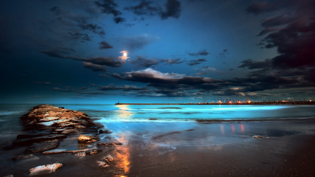 Moon ocean lighthouse night clouds free wallpaper for desktop - medium preview image