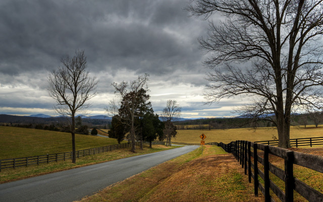 Stormy road fence trees sky free wallpaper for desktop - medium preview image