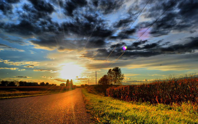 Sunset road field trees clouds free wallpaper for desktop - medium preview image