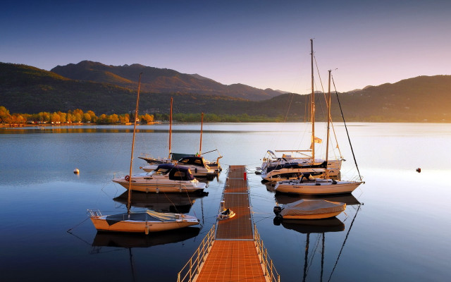 Lake dock boats mountains sunset free wallpaper for desktop - medium preview image