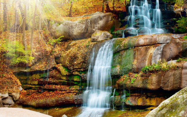 Waterfall forest rocks leaves cityscape free wallpaper for desktop - medium preview image