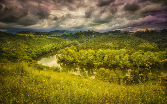 River green hills forest sunset free wallpaper for desktop - medium preview image