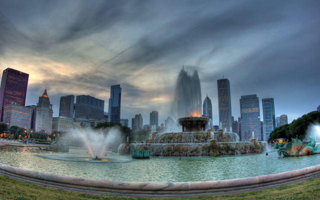 City skyline fountain cloudy sky free wallpaper for desktop - medium preview image