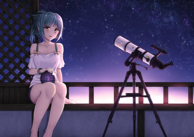 Girl sitting telescope night sky free wallpaper for desktop - medium preview image