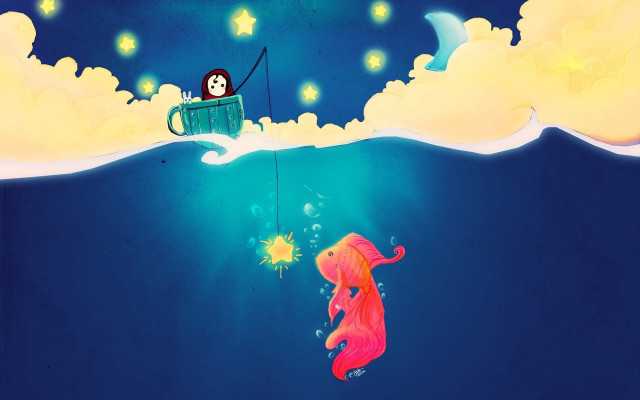 Fish penguin fishing constellation moon free wallpaper for desktop - medium preview image