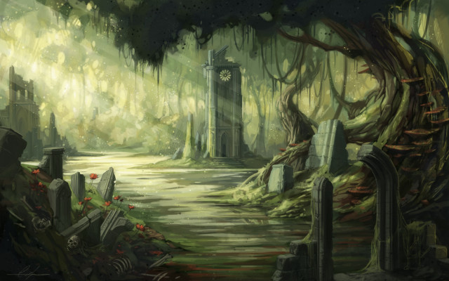 Forest clock tower cemetery bench free wallpaper for desktop - medium preview image