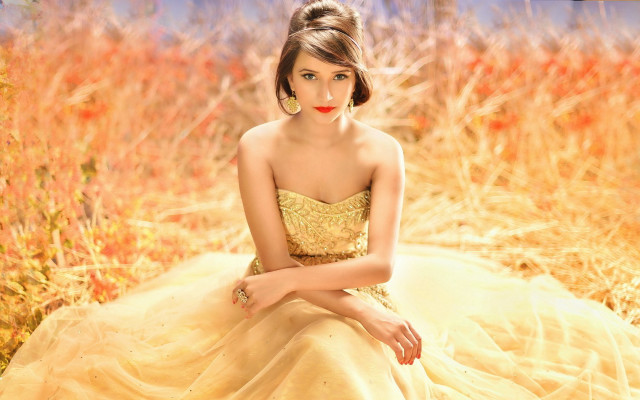 Woman yellow dress flower field free wallpaper for desktop - medium preview image