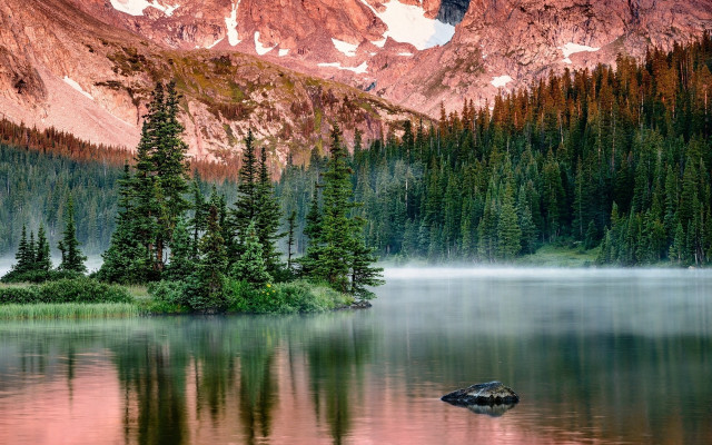 Mountain lake forest fog cherry free wallpaper for desktop - medium preview image