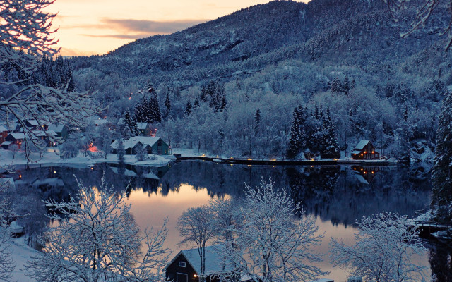 Snowy lake village mountains forest free wallpaper for desktop - medium preview image